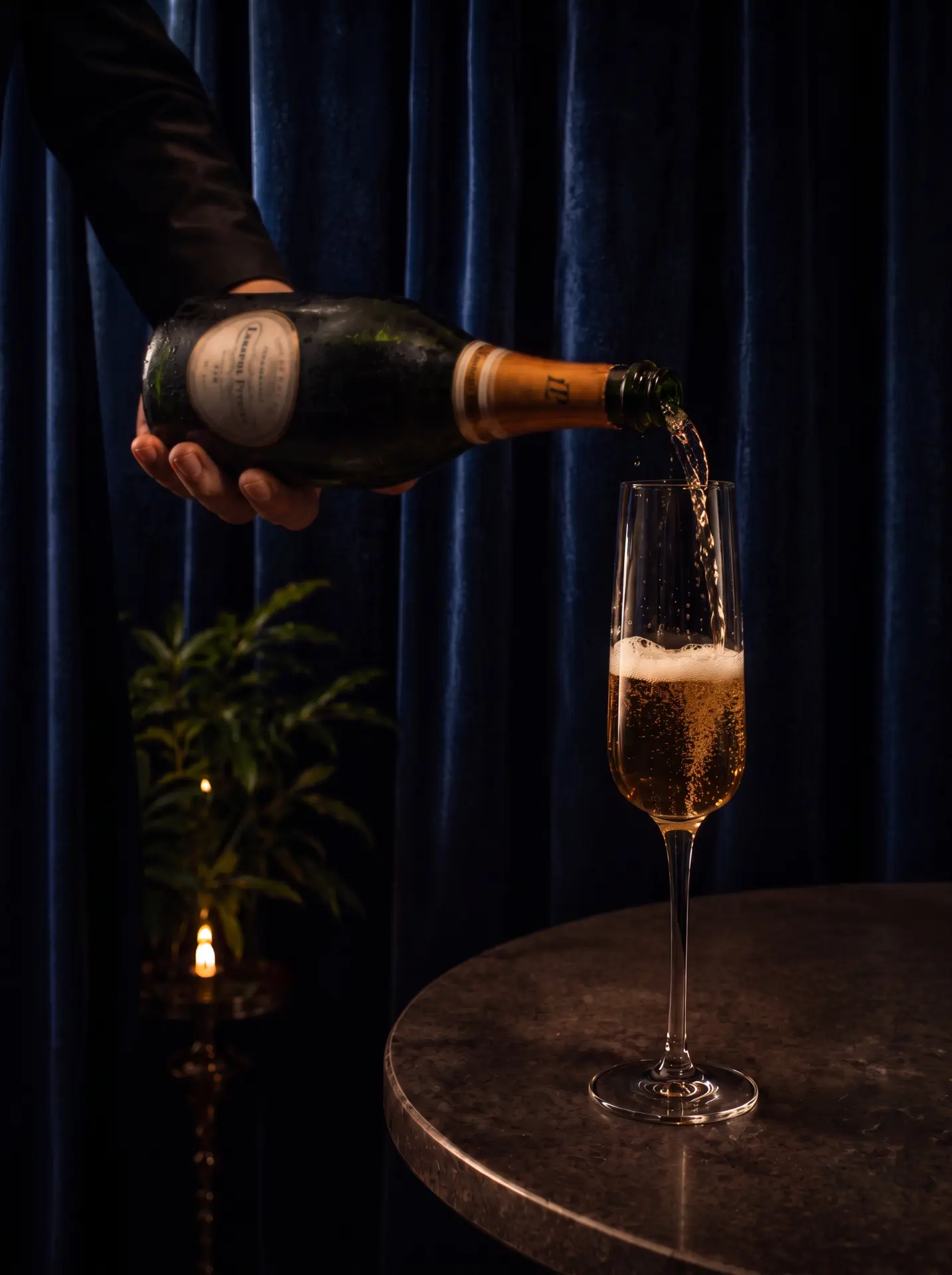 Champagne poured at a candlelit table