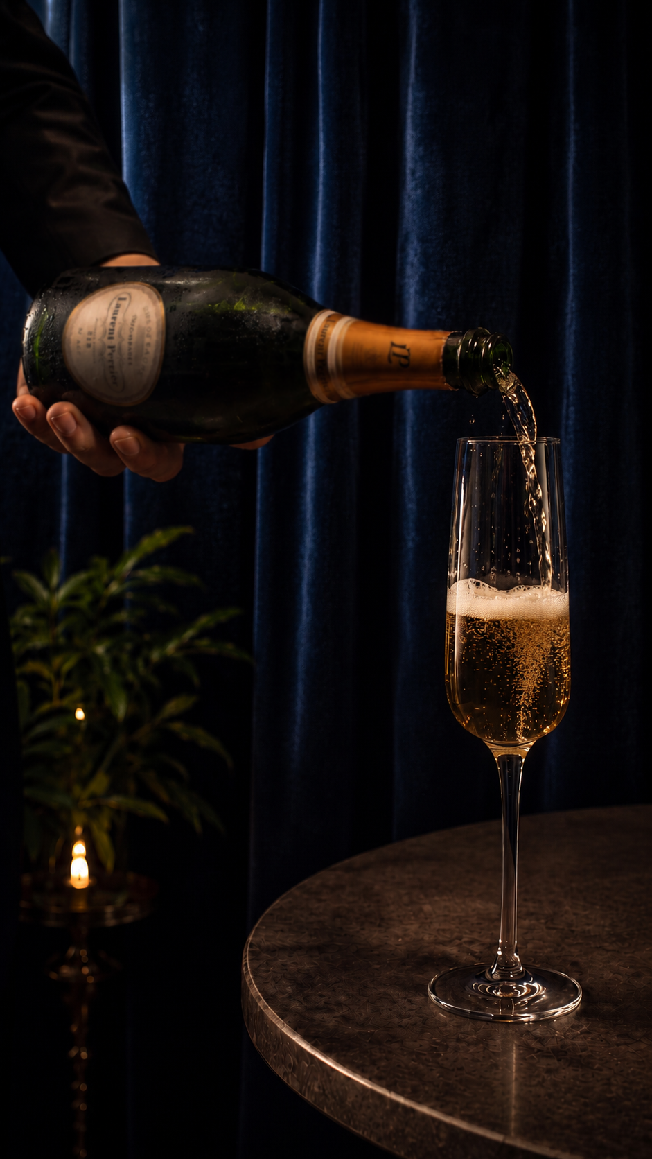 Champagne poured at a candlelit table